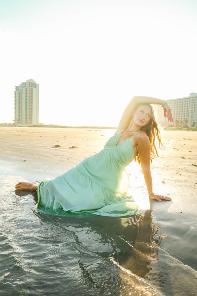 Mint green dress at golden hour on the beach