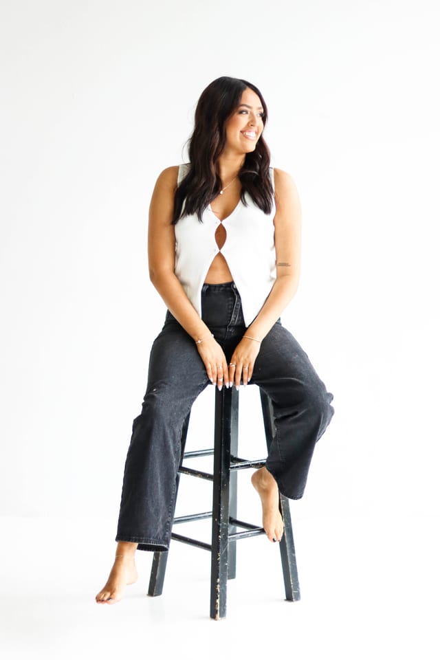 Branding portrait, studio shot on a black stool